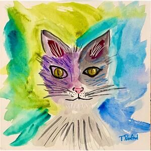 Hand painted watercolor original painting rainbow tie dye cat